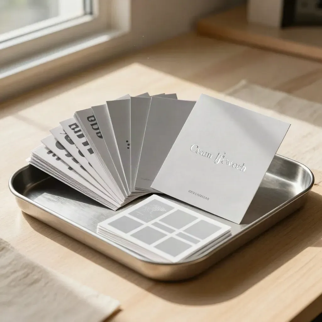 Pewter tray of launch cards, sticker sheets, and mockup tiles on pale oak, softly lit.