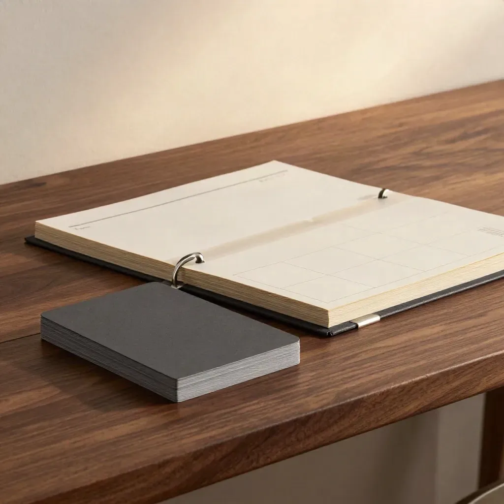 Charcoal brand proof cards and section dividers on a walnut table in warm editorial light.