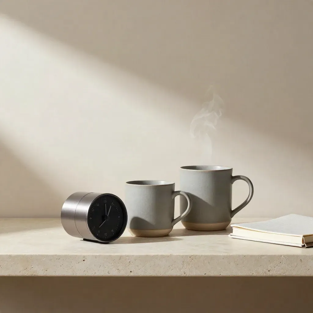 Stone shelf still life with steaming mugs, timer, phone dock, and closed notebook.